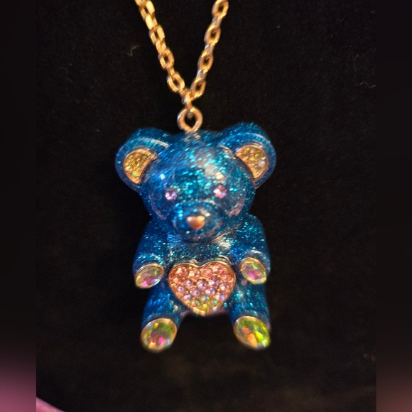 Betsey Johnson Jumbo Blue Glitter and Rhinestone Gummy Bear Long necklace! - Picture 4 of 11